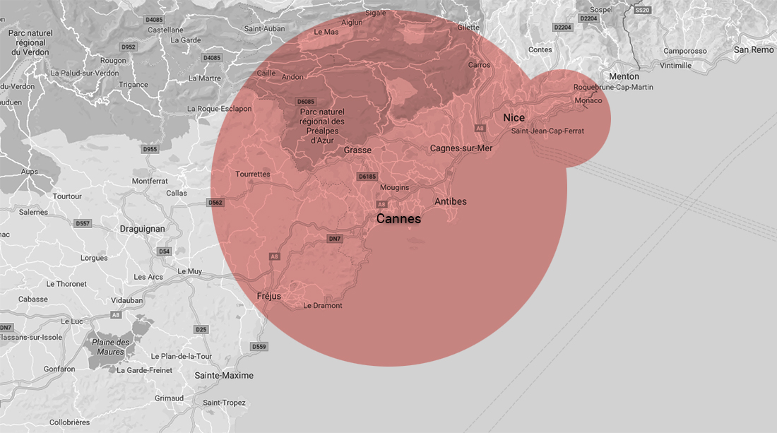 Cannes, La Bocca, Mandelieu, Les Tourrades, Pégomas, Mougins, Grasse, Théoule, Valbonne, Mouans-Sartoux, Auribeau, Antibes.  